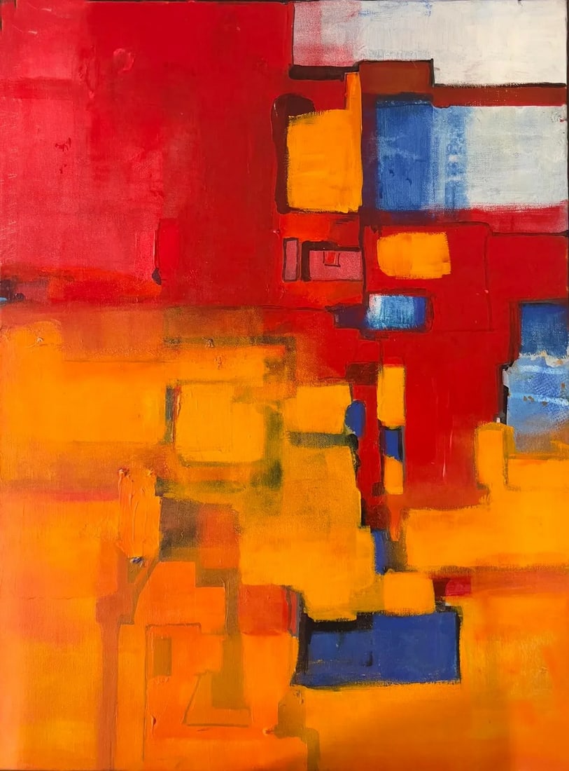City Heat Modern Abstract Original Painting: This modern abstract painting, created with acrylic paint on canvas, features a vivid interplay of hot, bright tones of yellow and orange. Patches of intense red and subtle blue tones peek through