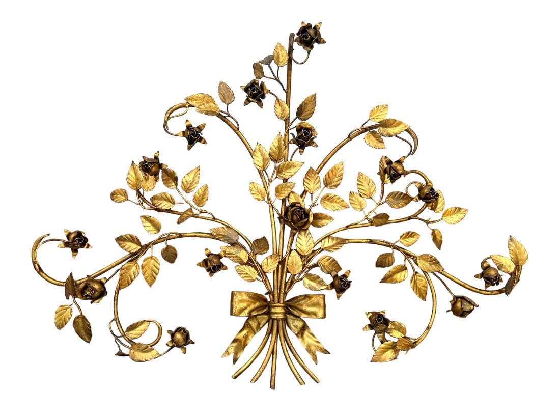 Large 1950s Italian Hans Kögl Gilded Brass Tole Rose Bouquet Spray Wall Sculpture: Large: 36"W x 23.5"H x 7"D 1950s gilded tole wall ornament in the form of a spray of roses gathered with a ribbon. Features long, winding branches and 16 roses. Attributed to Hans Kögl. Made in