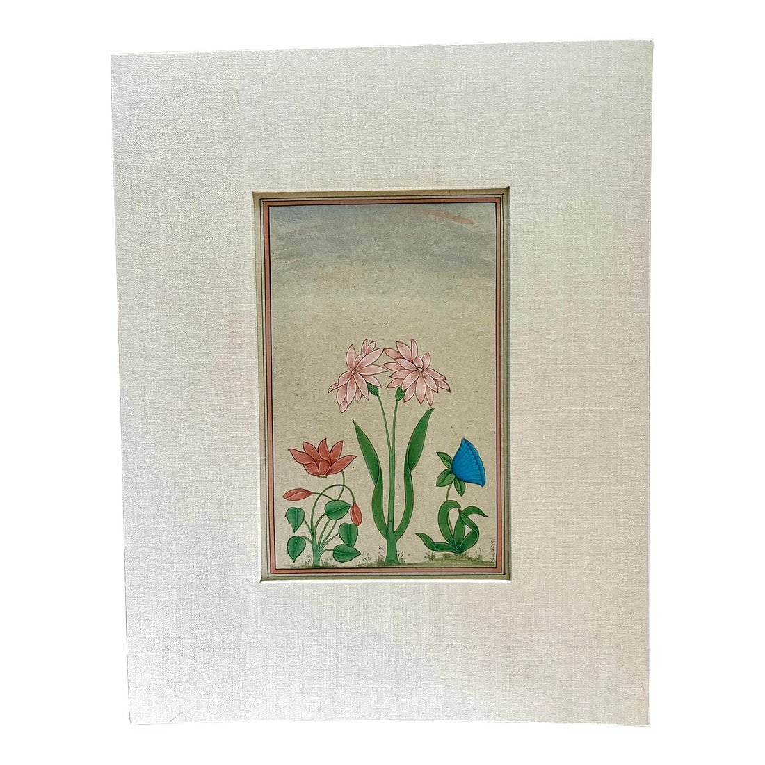 Mid 20th Century Vintage Indian Hand Painted Mughal Flower Painting: Vintage Indian hand painted Mughal flower painting. Hand painted Botanical Framed Engraving. Originally purchase at an art gallery in Delhi, India (see signature on reverse). Artist name ? Rajaswami