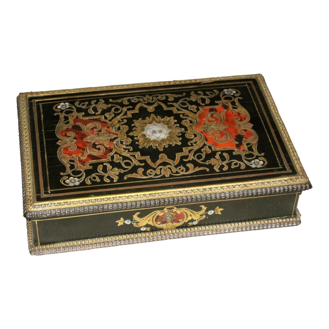 Mid 19th Century Napoleon III Boulle Style Ormolu Jewelry Box: Stunning jewelry box , in the Boulle style , very elegantly decorated with brass and mother of pearl marquetry on black wood , the result is beautiful , the box has it s original inside in velvet and 