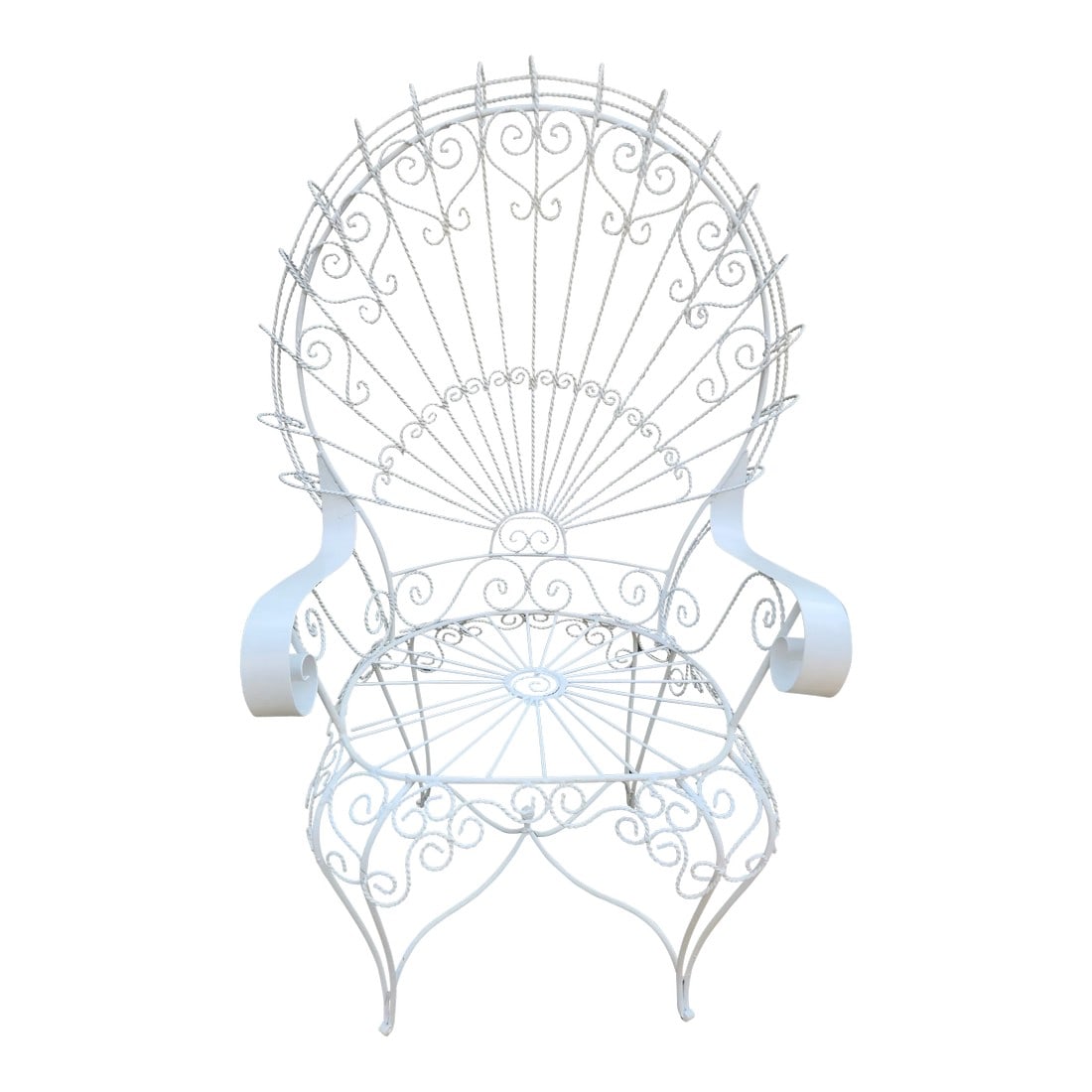 Vintage White Twisted Metal Peacock Chair: This vintage Boho wrought iron peacock chair, inspired by Salterini, combine intricate ironwork with a whimsical design, perfect for adding a touch of retro glamour to any space. Circa mid 20th