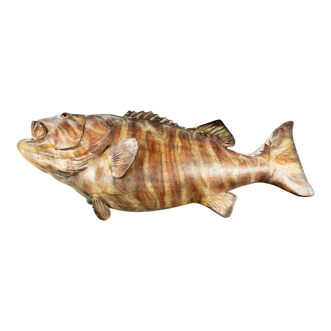 Large Wall 7' Long Hanging Fish Sculpture: A large wall hanging grouper fish sculpture made of painted fiberglass with glass eye. This is one of two identical fish that had been part of a double sided outdoor Florida restaurant sign. Four