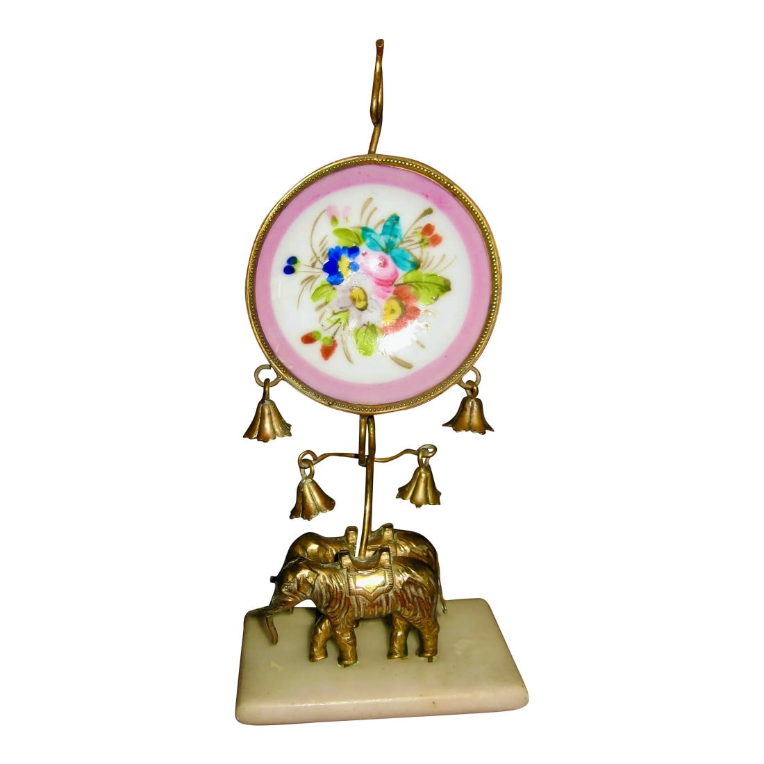 Mid 19th Century French Napoleon III Porcelain Pocket Watch Holder With an Elephant: Charming and rare lady pocket watch holder , in old Paris porcelain hand painted with flowers , marble base and brass decor showing two elephants and bells , we never sow this model before and it s ab