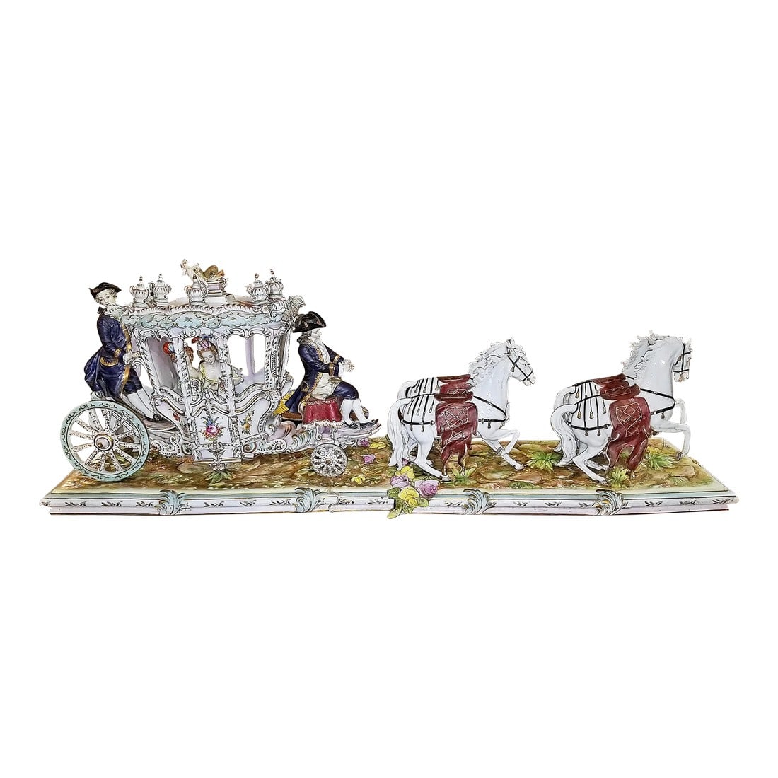 Late 19th Century Capodimonte Style Luigi Fabris Monumental Porcelain Coach: Monumental porcelain royal carriage of Louis XIV with courtesans inside, le Dauphin on the roof, late 1800s by either Capodimonte or Luigi Fabris, removable roof revealing 2 noble passengers or
