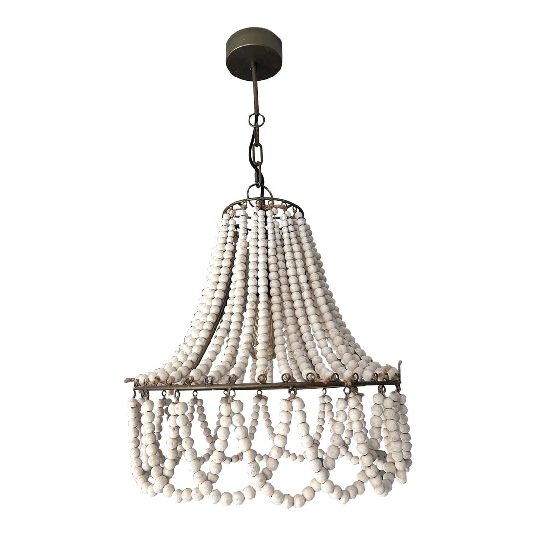 White Washed Wooden Beaded Chandelier: White Washed Wooden Beaded Chandelier with single bulb. Acquired from Denver local store Djuna in 2022. Possibly originally from Blue Ocean Traders. Chandelier dimensions 19.5" H x 17" diameter