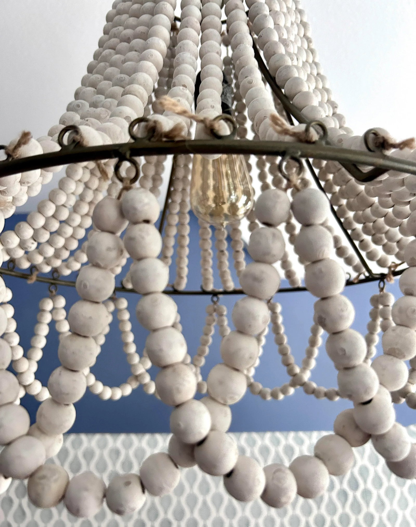 White Washed Wooden Beaded Chandelier - 4