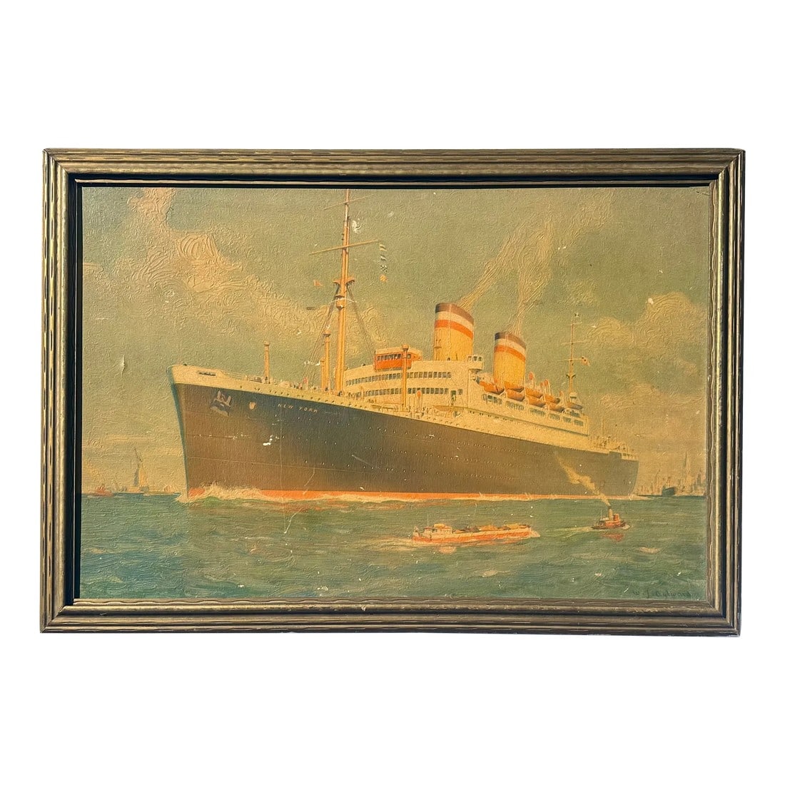 1960s Vintage Cunard New York Ship, Framed: Lithograph reproduction after oil painting by William J. Aylward, circa 1960. Displayed in a custom frame. Dimensions: 40 x 27" Condition: Alterations: Original Condition Unaltered Imperfections: