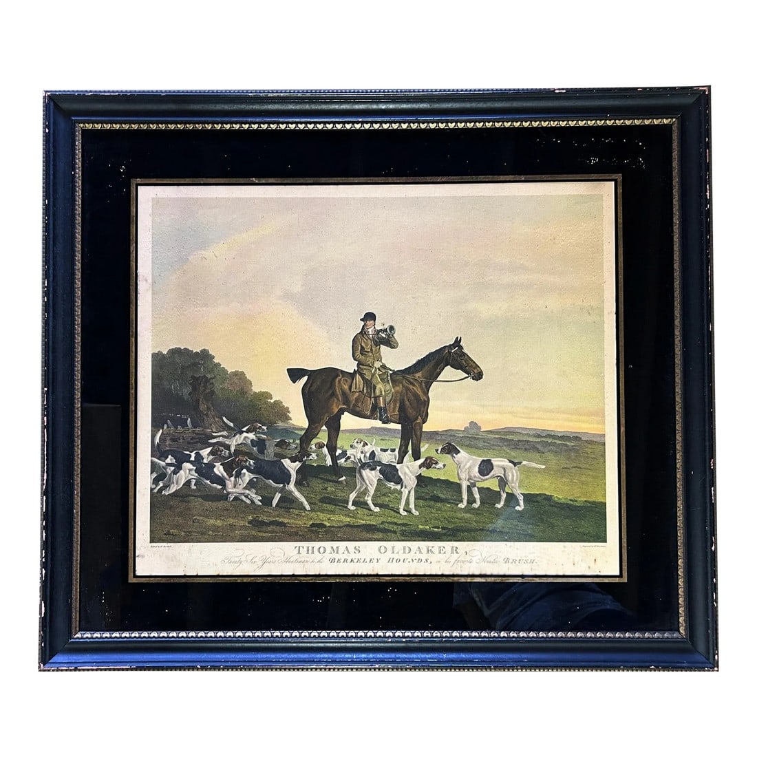 1940s Antique British School Horse Huntsman Portrait "Thomas Oldaker" Lithograph Framed: Antique British School Horse Portrait "Thomas Oldaker" Lithograph/ Framed artwork features Huntsman on his horse surrounded by hounds. Documentation on reverse listed fellow hustmans. Dimensions