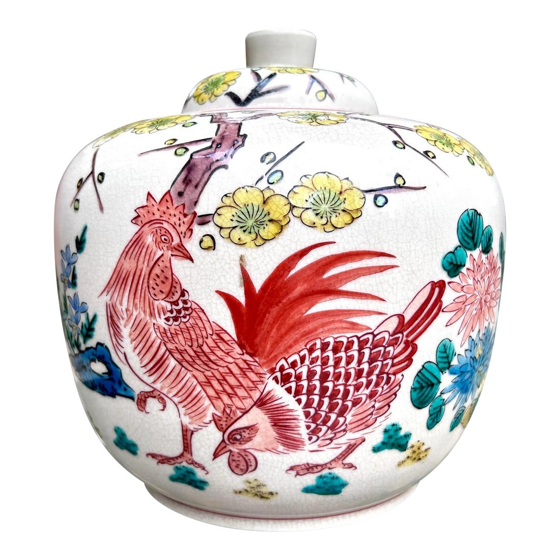 Vintage Chinoiserie Ceramic Porcelain Jar With Rooster, Hen and Flowers (1 of 11)