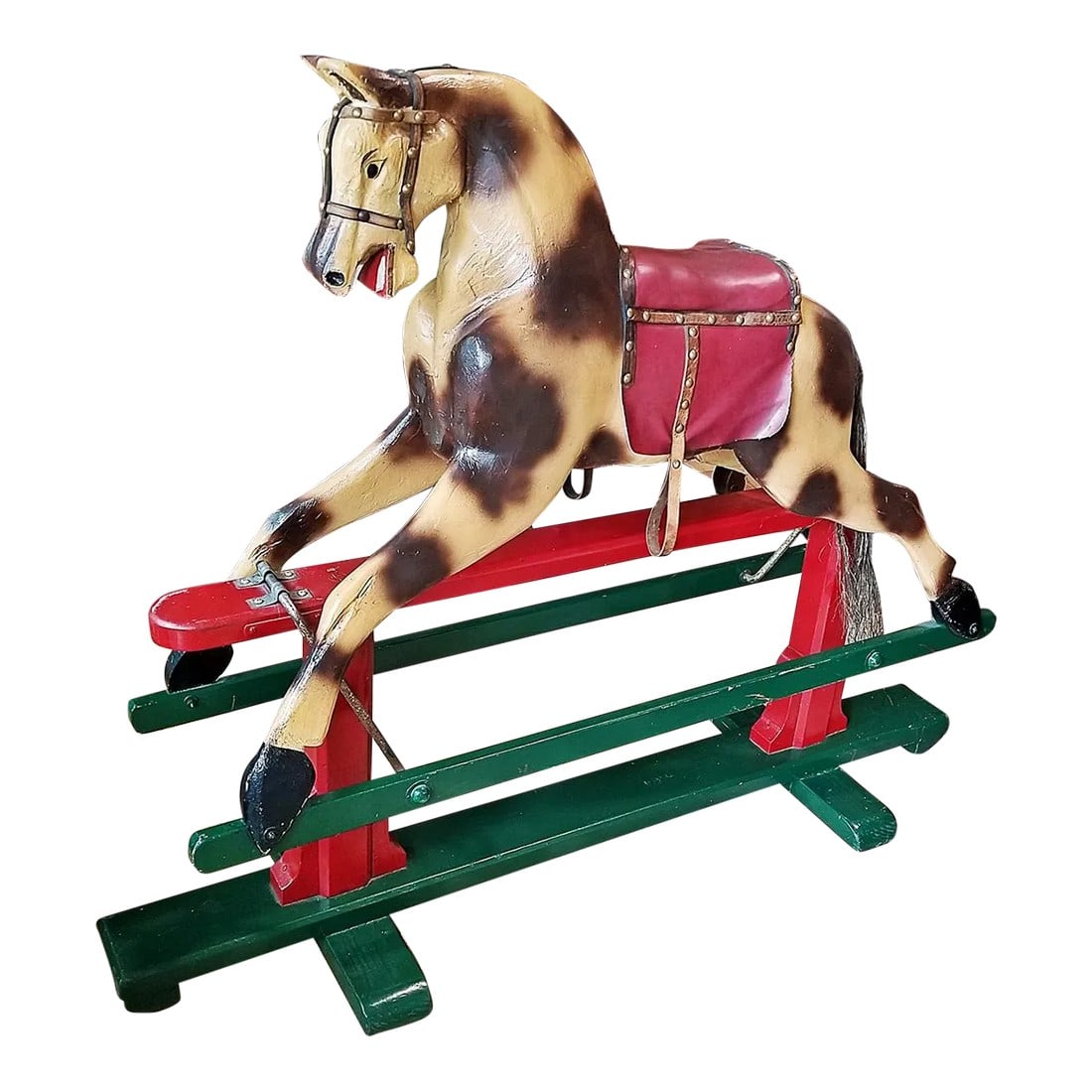 Late 19th Century Antique American Hobby Horse: Every child's dream toy, a lovingly restored 19c American carved wood hobby horse swinging on it's own platform. Older restoration done by our pros in the 1990s and on display since. Real horsehair ta
