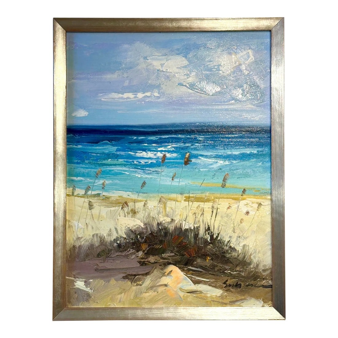 Contemporary Dune Seascape Scene by Seibene, Original Oil on Canvas, Framed: Original oil on canvas by Seibene. Custom framed in a wood silver frame. Dimensions: 13 3/4 x 17 3/4". In new excellent condition. Please note: If you purchase multiple items, we'll gladly combine