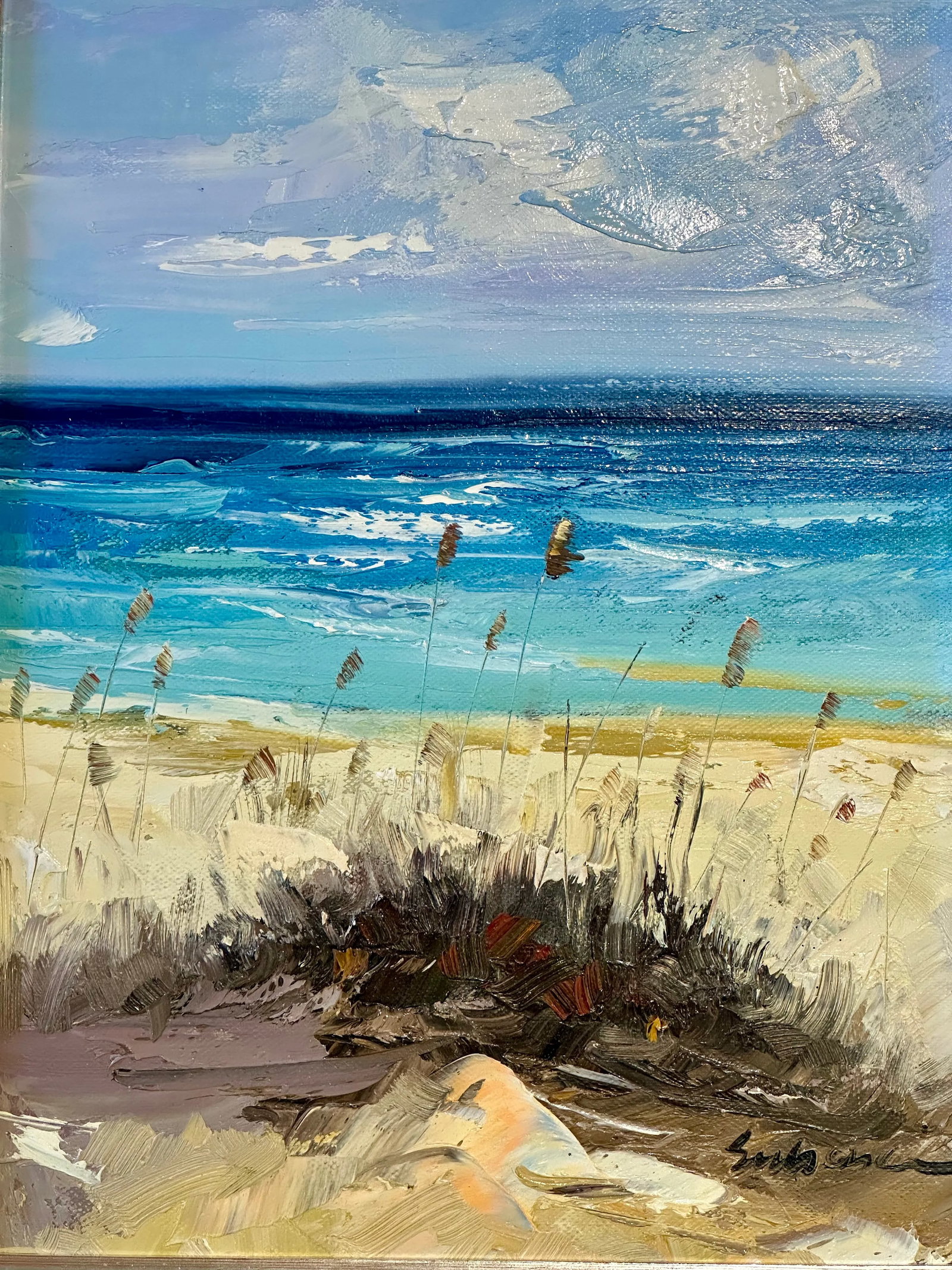 Contemporary Dune Seascape Scene by Seibene, Original Oil on Canvas, Framed - 2