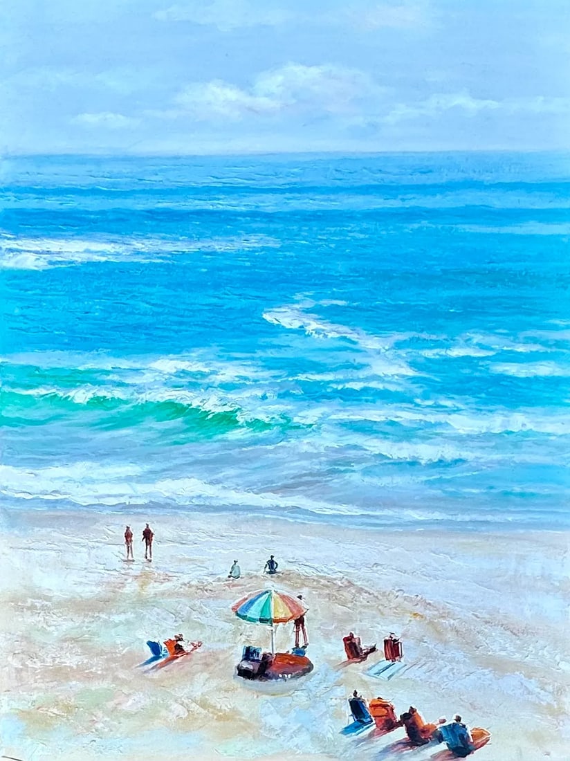 20th Century Beach Scene, Oil on Canvas, Framed - 2