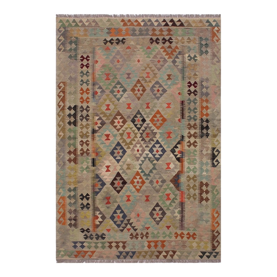 Abstract Kilim Tan Gray Wool Rug - 5'9" X 8'1": Add a touch of elegance to your home with this casual chic hand woven Tribal Kilim wool rug. Constructed on a loom by Nomad Turkman people with hand-spun wool and 100% Natural Vegetable dyes these bea