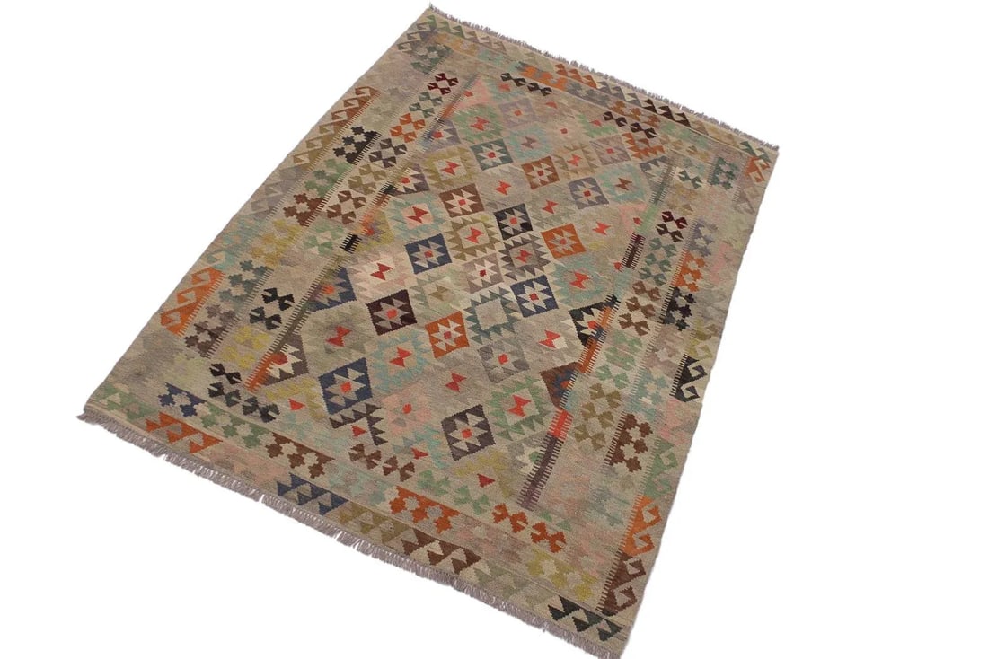 Abstract Kilim Tan Gray Wool Rug - 5'9" X 8'1" - 2