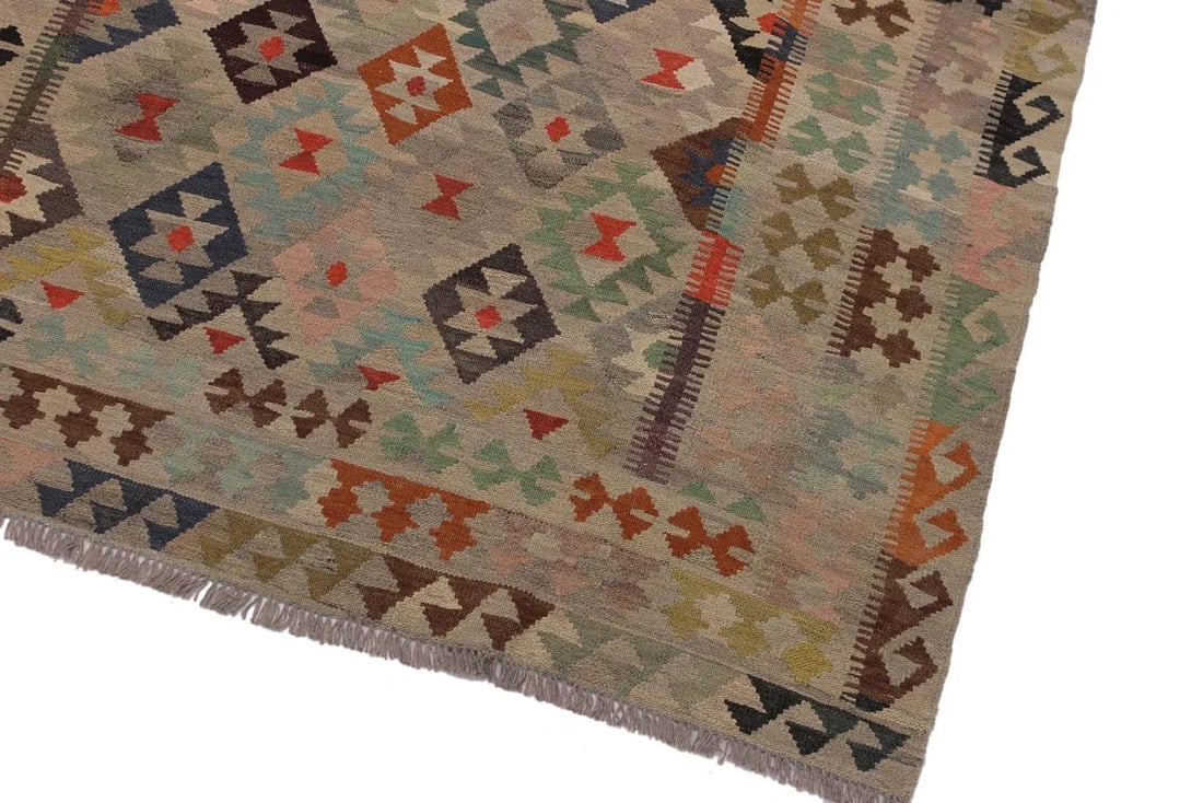 Abstract Kilim Tan Gray Wool Rug - 5'9" X 8'1" - 3