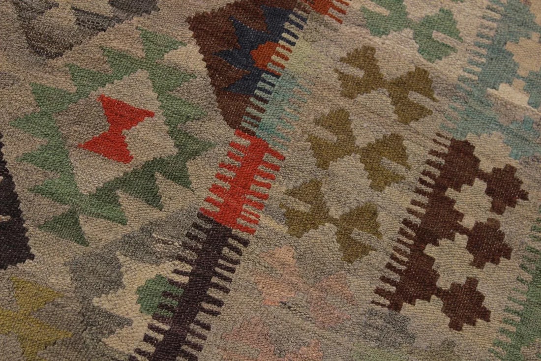 Abstract Kilim Tan Gray Wool Rug - 5'9" X 8'1" - 5