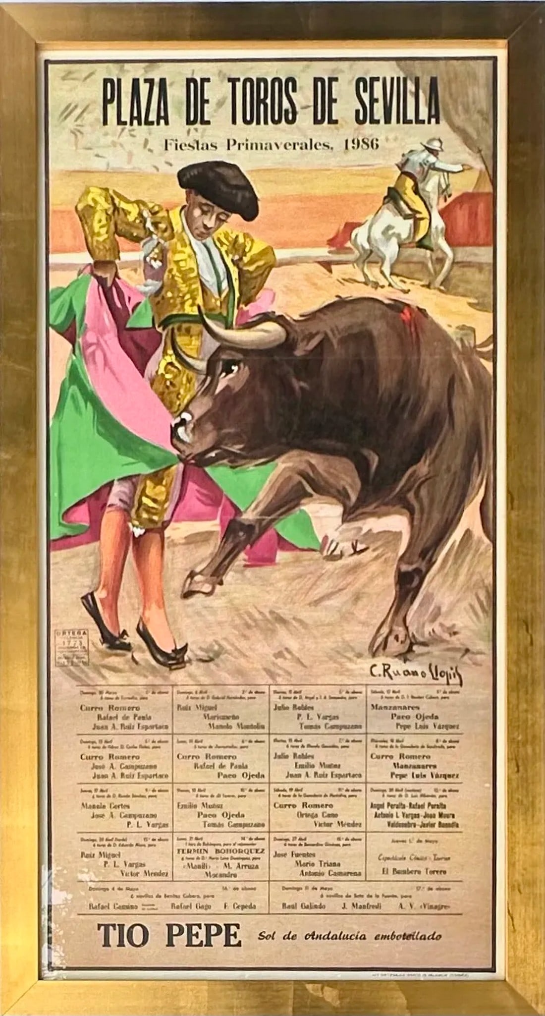 1986 Plaza De Toros De Sevilla Bullfight Poster – Fiestas Primaverales, TÃ­o Pepe: A striking original color lithograph 1986 Spanish bullfighting poster for the Plaza de Toros de Sevilla – Fiestas Primaverales, featuring a dynamic matador and bull composition rendered in bold 