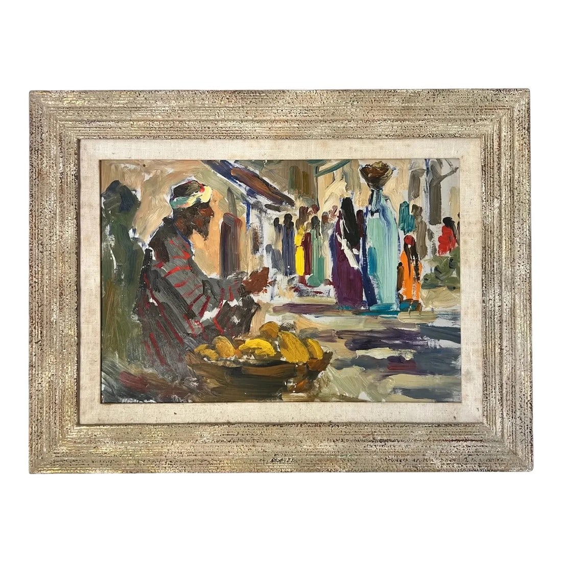 Mid-Century Modern "Samarkand Market" by Irina Getmanskaya, Signed 1961 "šÃ„Ã: Colorful oil painting signed, dated and named "Samarkand Market" on reverse, by artist Irina Getmanskaya, (b. 1939), from 1961. Frame and painting are in wonderful condition, the linen liner of frame