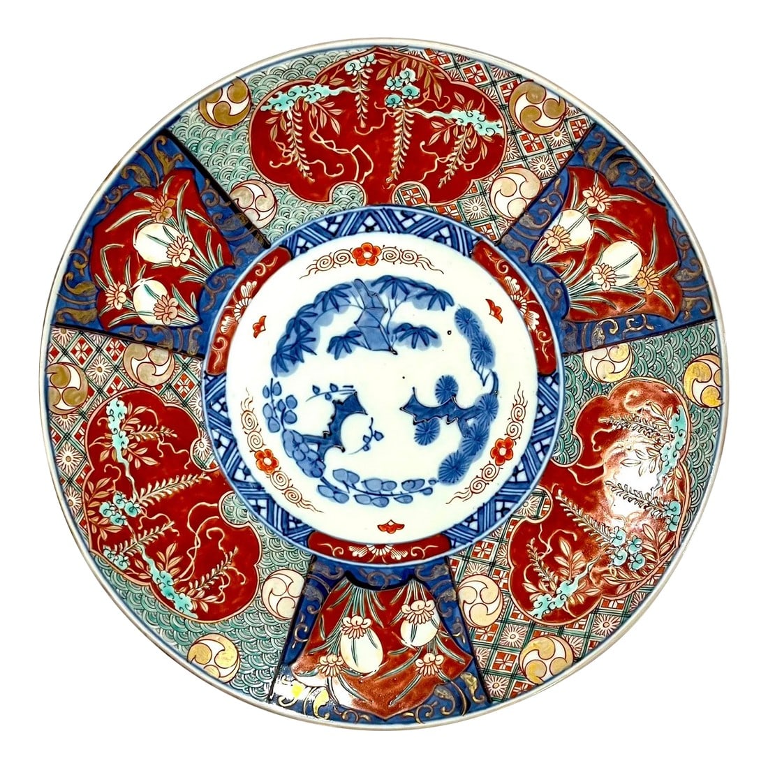 Antique Japanese Imari Style Charger Plate - Hand-Painted Wisteria and Iris Pattern: Early 20th Century Meiji period Japanese porcelain charger decorated in the Imari style. Features panels of Iris and Wisteria in deep red, blue, pale sea foam blue/green, and gold hues on a white
