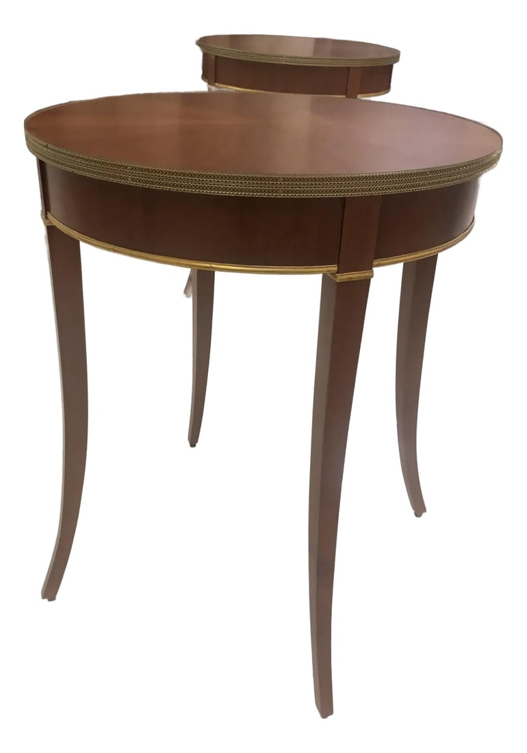 Neoclassical Side Table, Reproduction: Neoclassical Side Table, early 19th Century in cherry finish with surrounding brass strip in the form of a meander band and slightly curved square-pointed feet. Delivery time 6-8 weeks Height: 31.89