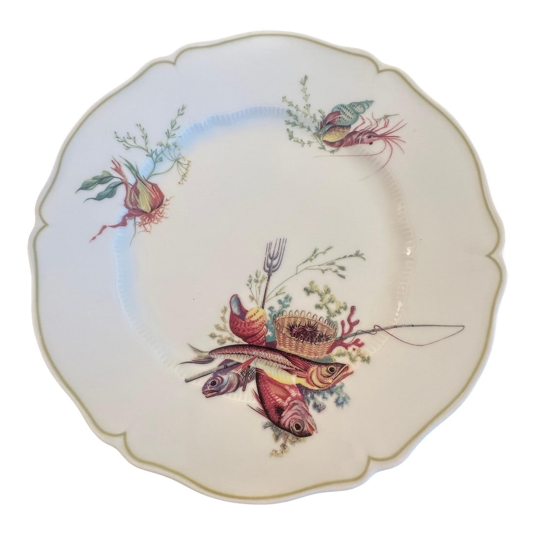 Mid 20th Century Set of 12 Havilland- Limoges Dinner Plates, Six Fish and Crustacean Designs: This set of Limoges Dinner Plates are quite rare. The set consists of six different designs, two each in the set. The designs are very reminiscent of European Chinoisery decor used by many Porcelain c