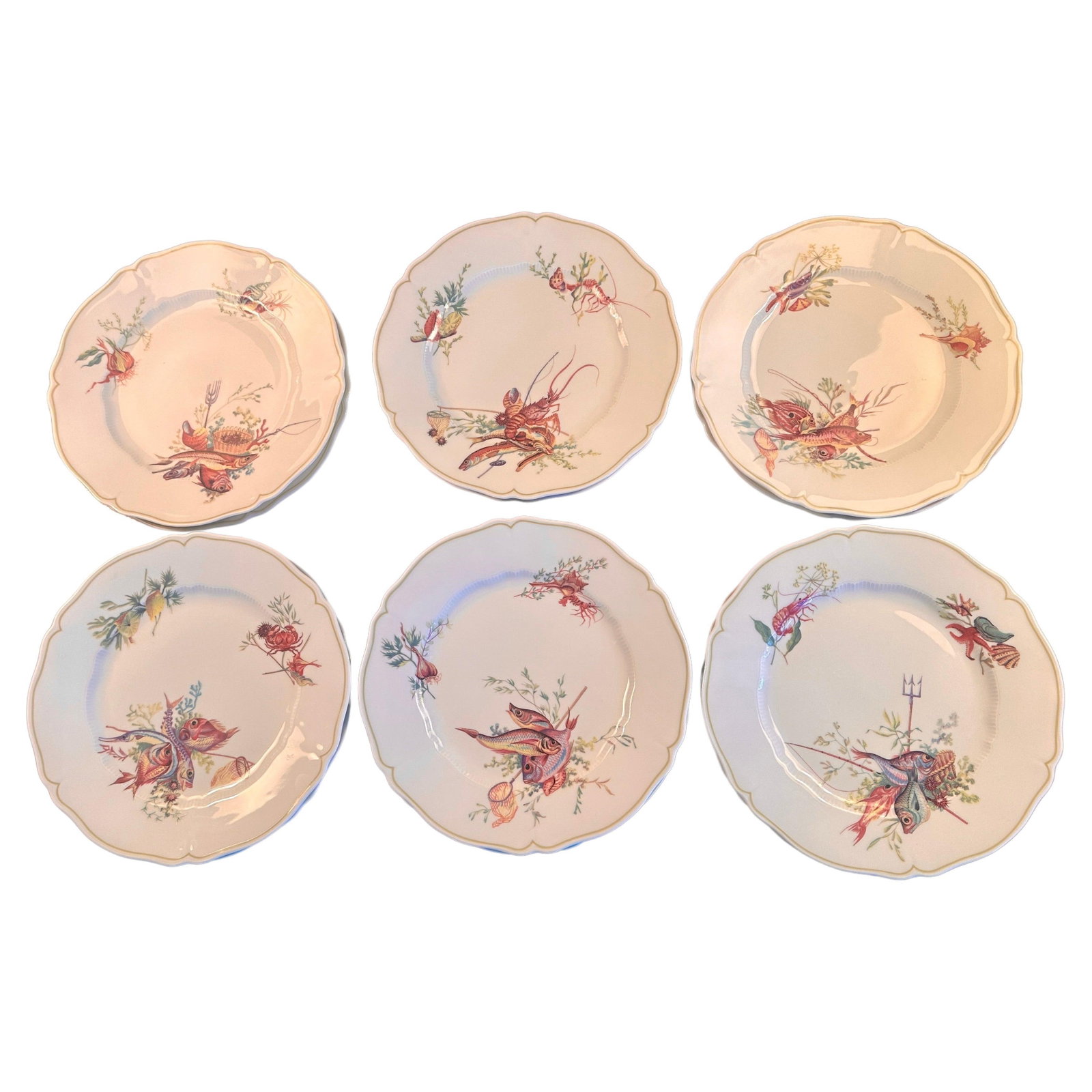 Mid 20th Century Set of 12 Havilland- Limoges Dinner Plates, Six Fish and Crustacean Designs - 6