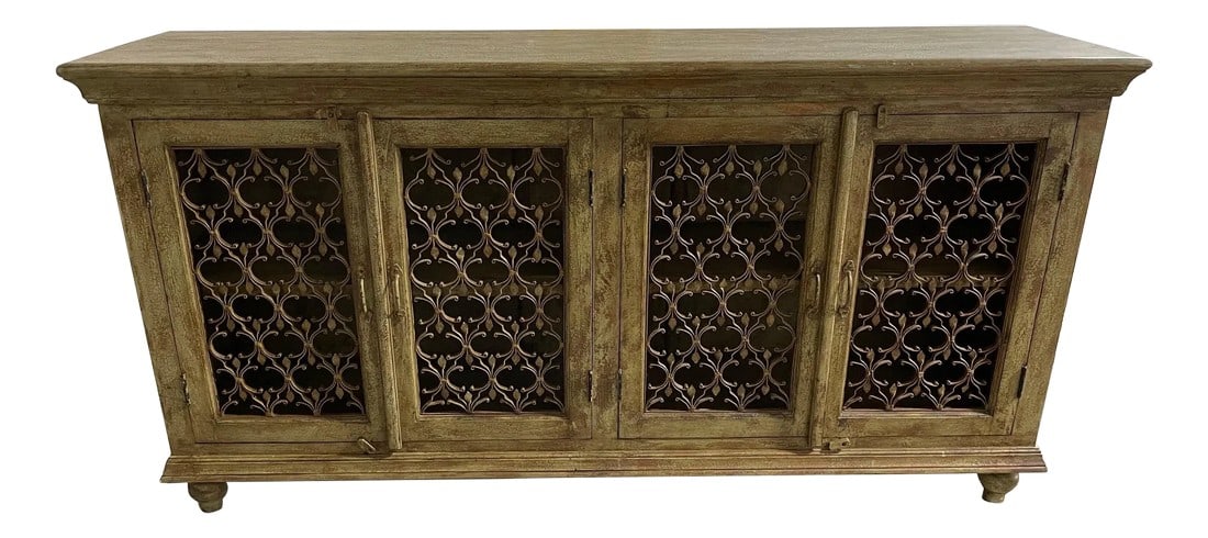 Green Brown Washed Four-Door Console with Metal Decorative Doors, 21st Century (1 of 7)