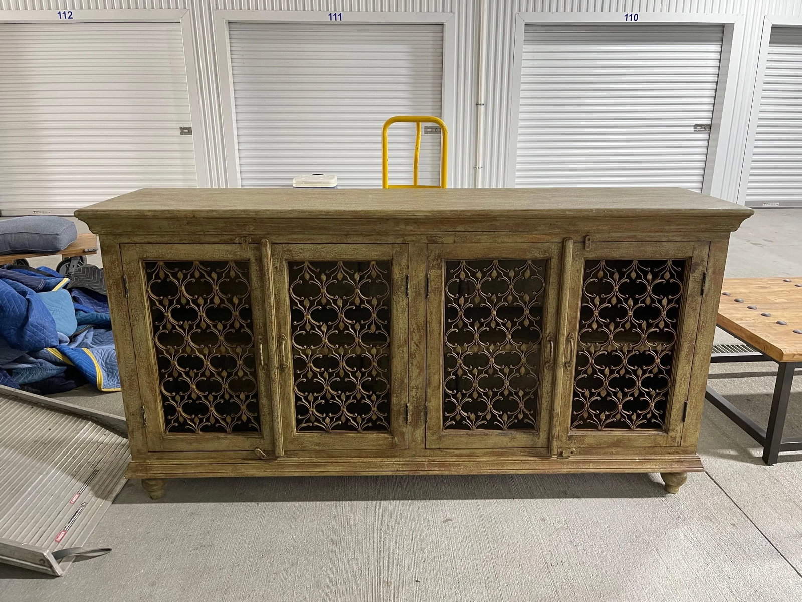 Green Brown Washed Four-Door Console with Metal Decorative Doors, 21st Century - 2