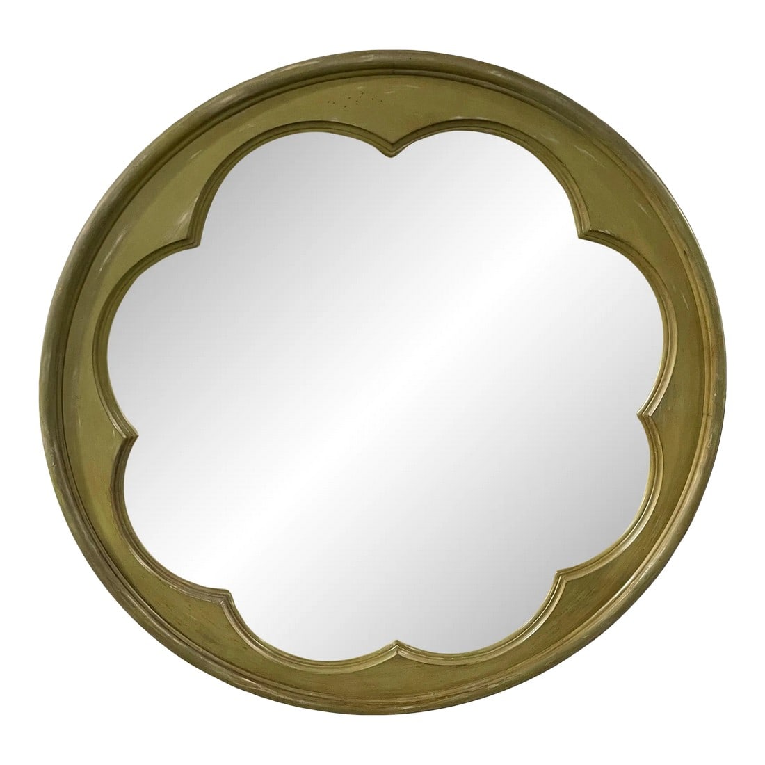 Round Green Washed Mirror, 21st Century: Round Green Washed Mirror, 21st Century. Decorative Design frame Condition: Alterations: Unknown Imperfections: Some Imperfections Condition Notes: Good Wear consistent with age and use. Dimensions:
