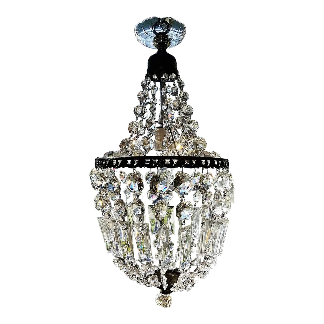 1930s Waterfall Crystal Chandelier: Elegant beaded crystal waterfall style petite chandelier hung on a brass frame, single standard base bulb creates sparkle throughout the room. Professionally rewired with ceramic socket by Perfect