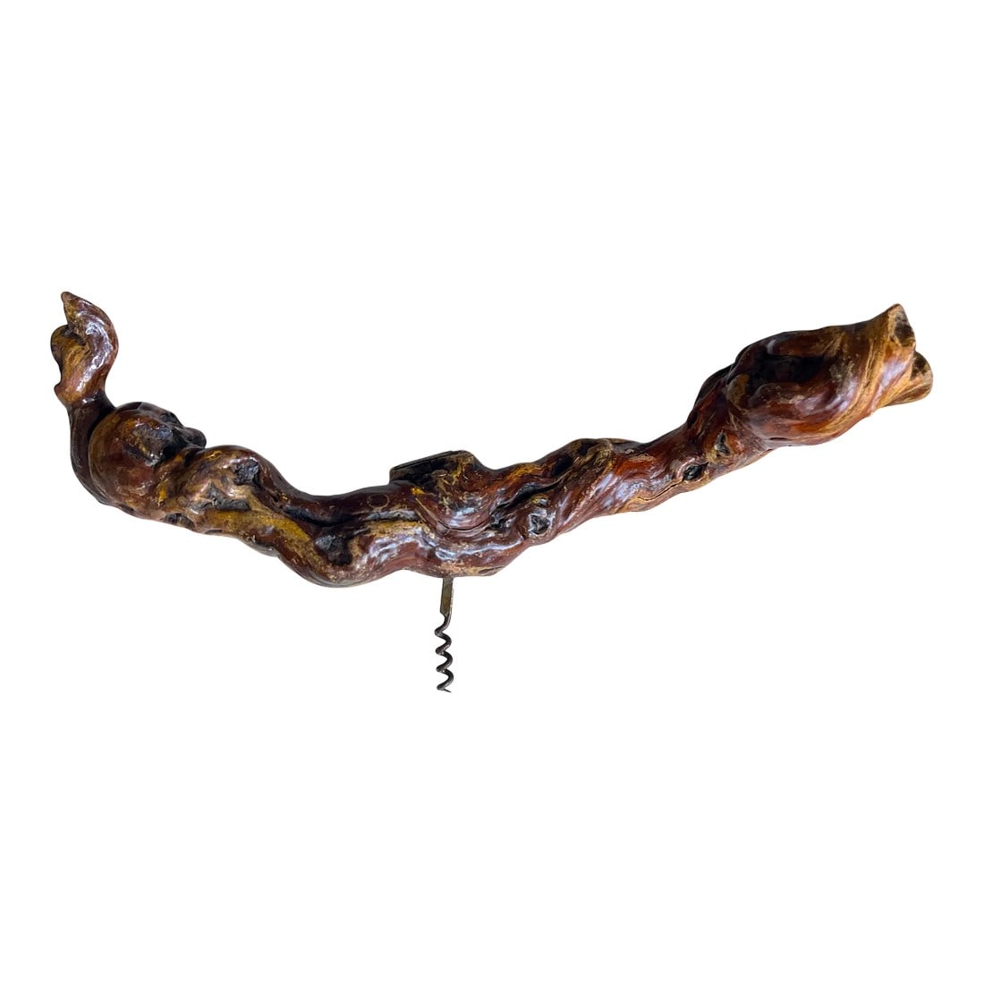 Vintage French Grape Vine Branch Wine Bottle Opener Corkscrew From Hautvillers: Obscenely large rustic corkscrew featuring a handle made from a thick wine vine from Hautvillers, France; a commune known for winemaking. The handle highlights the organic curves and textures of the v