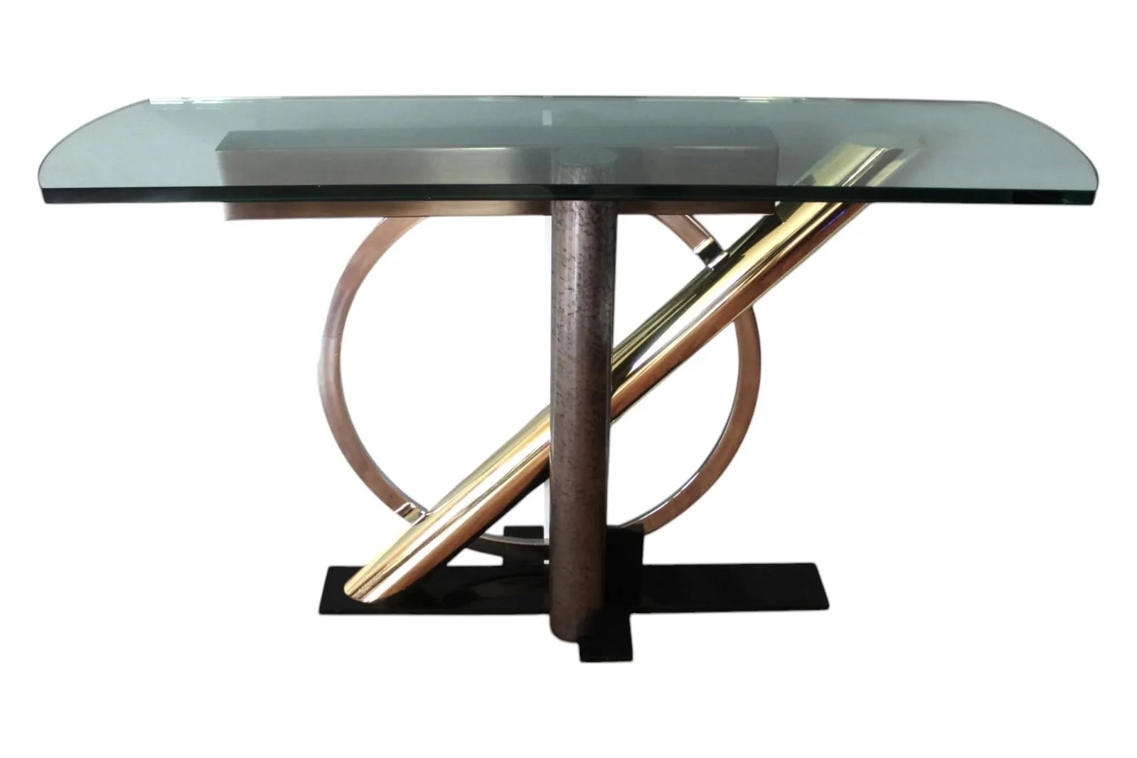 1980s Kaizo Oto for Dia Modernist -Chrome & Brass Console Table With Sculptural Base and Glass Top - 10