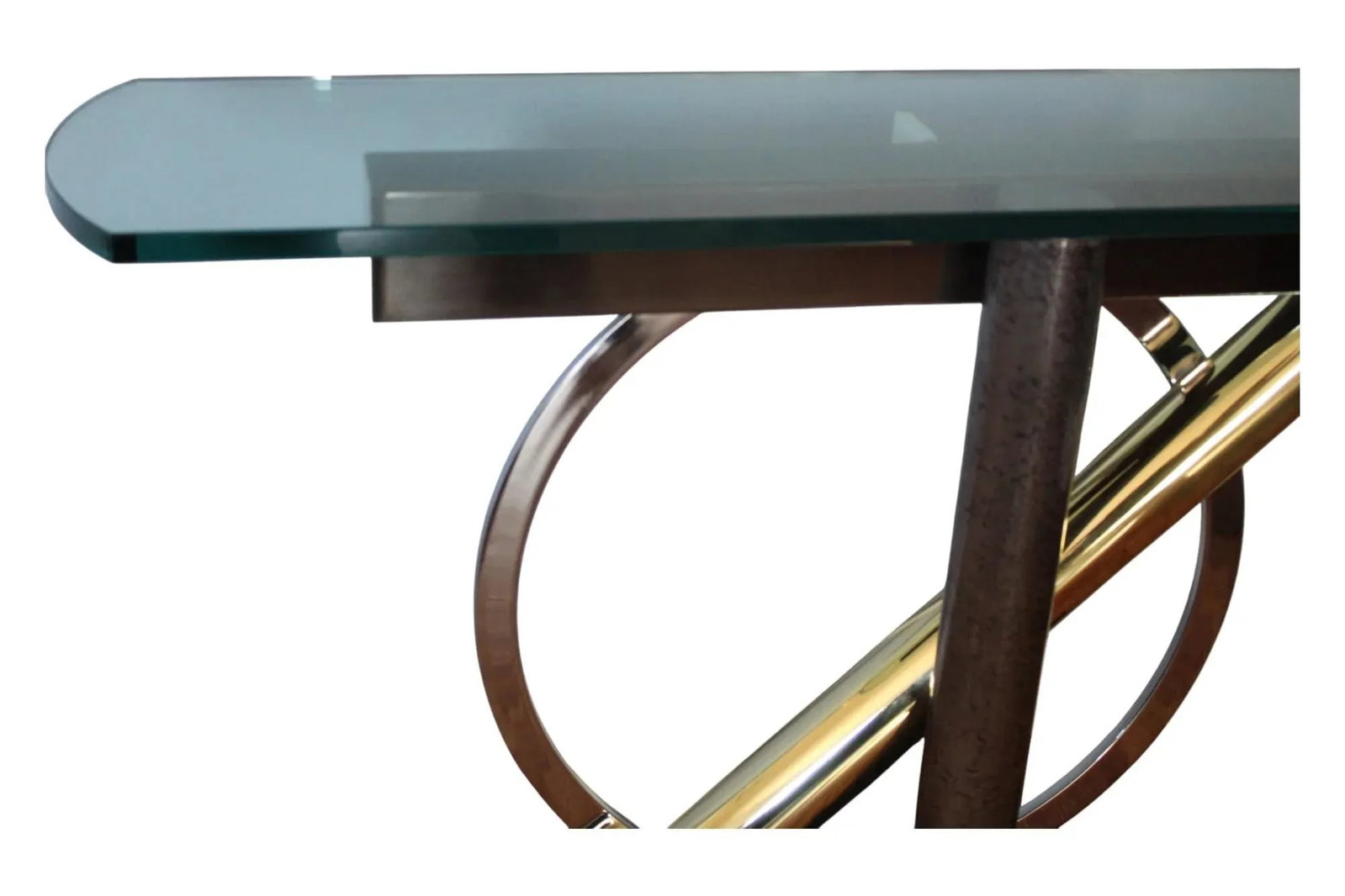 1980s Kaizo Oto for Dia Modernist -Chrome & Brass Console Table With Sculptural Base and Glass Top - 11