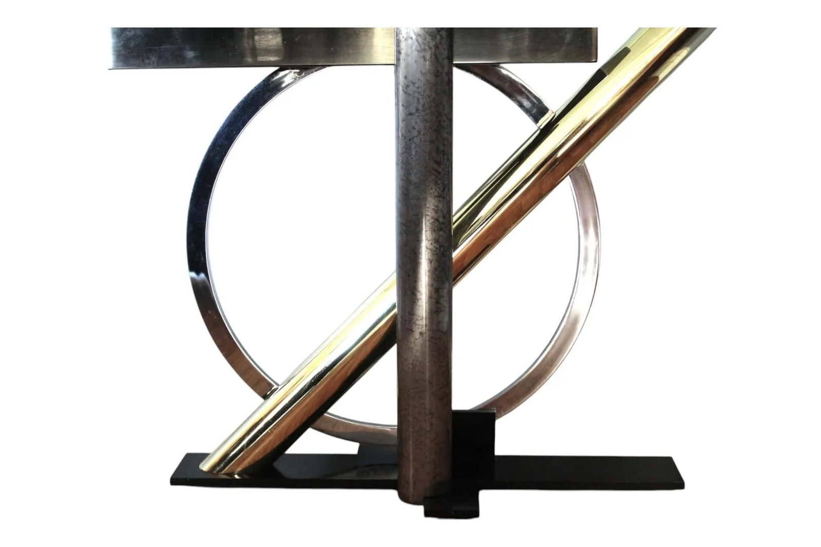 1980s Kaizo Oto for Dia Modernist -Chrome & Brass Console Table With Sculptural Base and Glass Top - 12