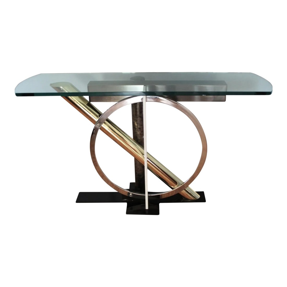 1980s Kaizo Oto for Dia Modernist -Chrome & Brass Console Table With Sculptural Base and Glass Top (1 of 12)