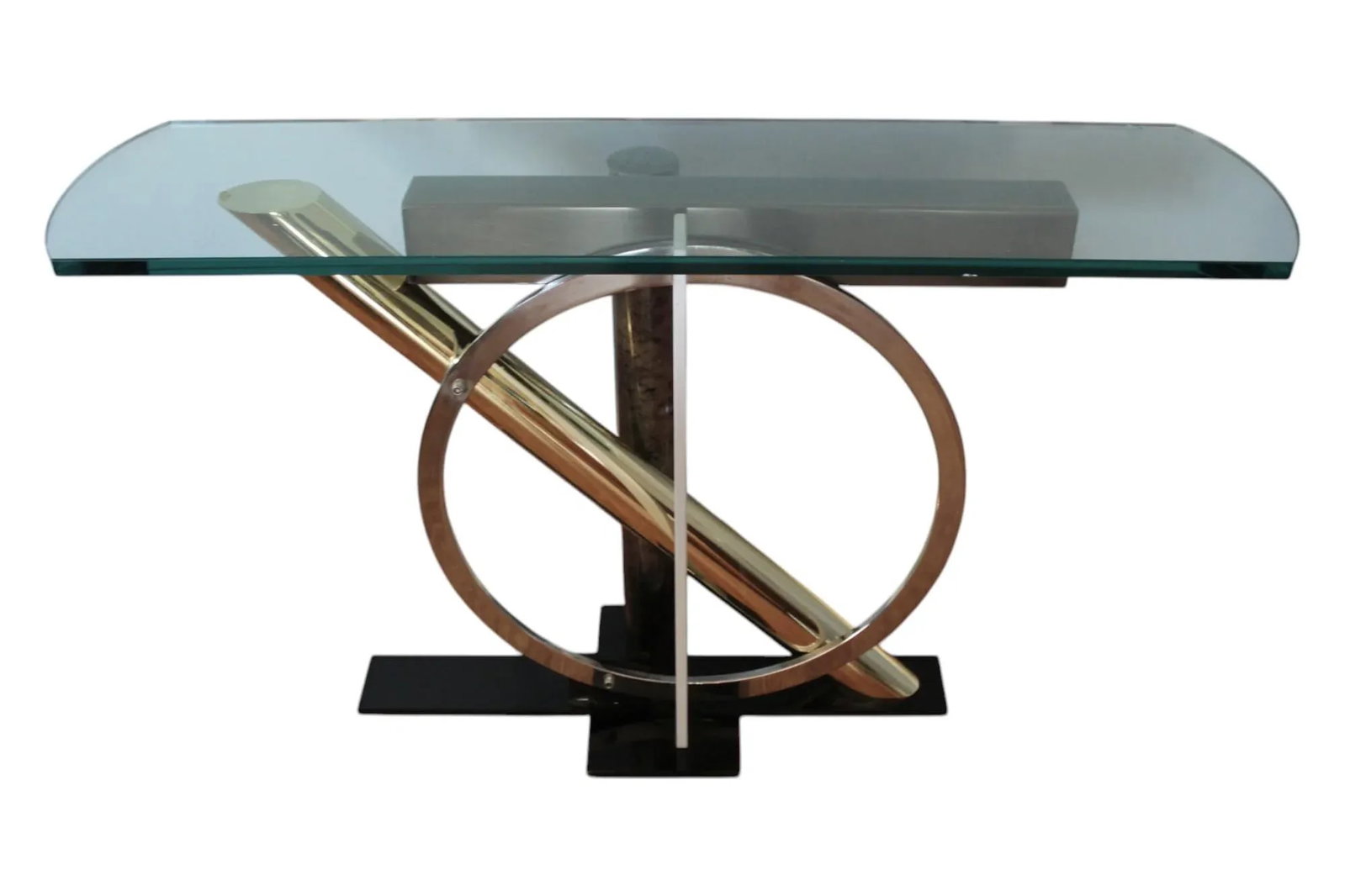 1980s Kaizo Oto for Dia Modernist -Chrome & Brass Console Table With Sculptural Base and Glass Top - 2