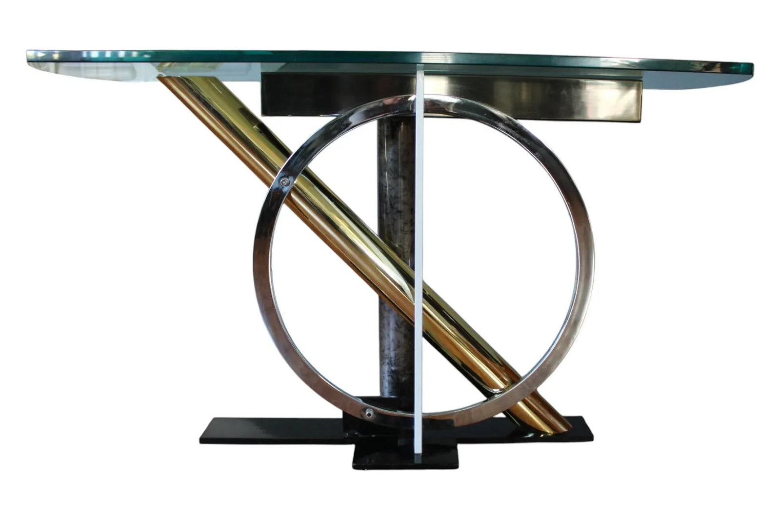 1980s Kaizo Oto for Dia Modernist -Chrome & Brass Console Table With Sculptural Base and Glass Top - 3
