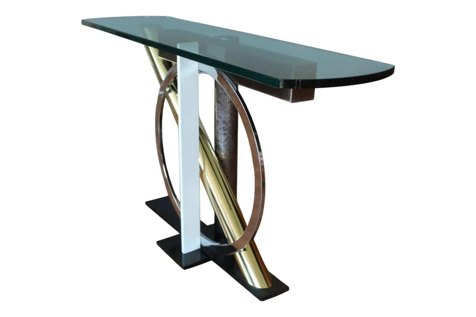 1980s Kaizo Oto for Dia Modernist -Chrome & Brass Console Table With Sculptural Base and Glass Top - 6