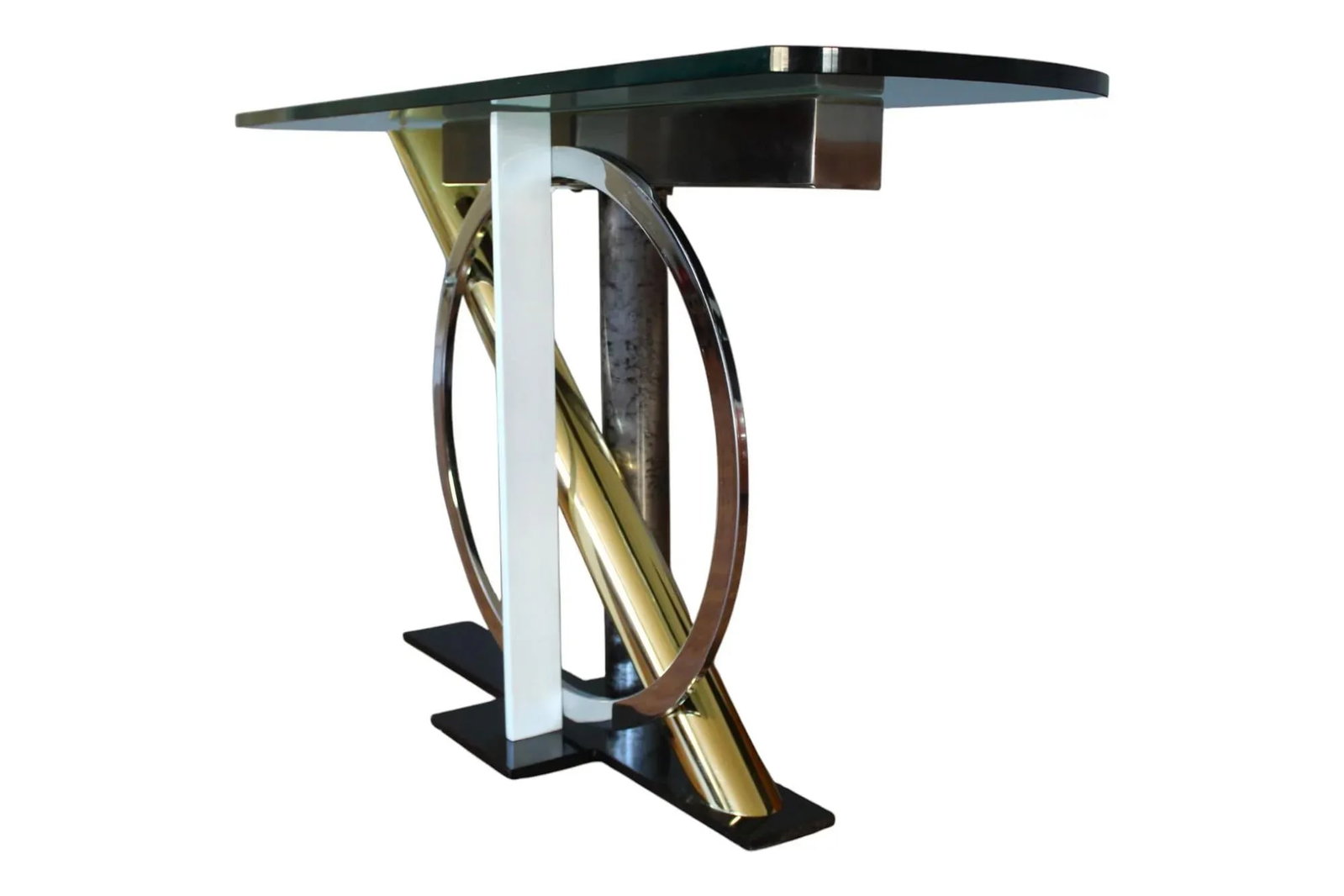 1980s Kaizo Oto for Dia Modernist -Chrome & Brass Console Table With Sculptural Base and Glass Top - 7