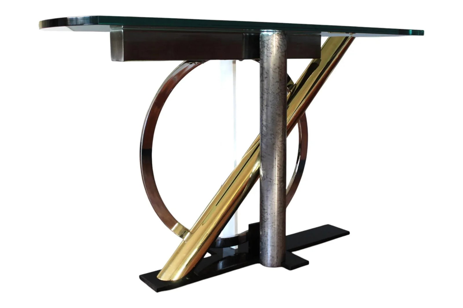 1980s Kaizo Oto for Dia Modernist -Chrome & Brass Console Table With Sculptural Base and Glass Top - 8