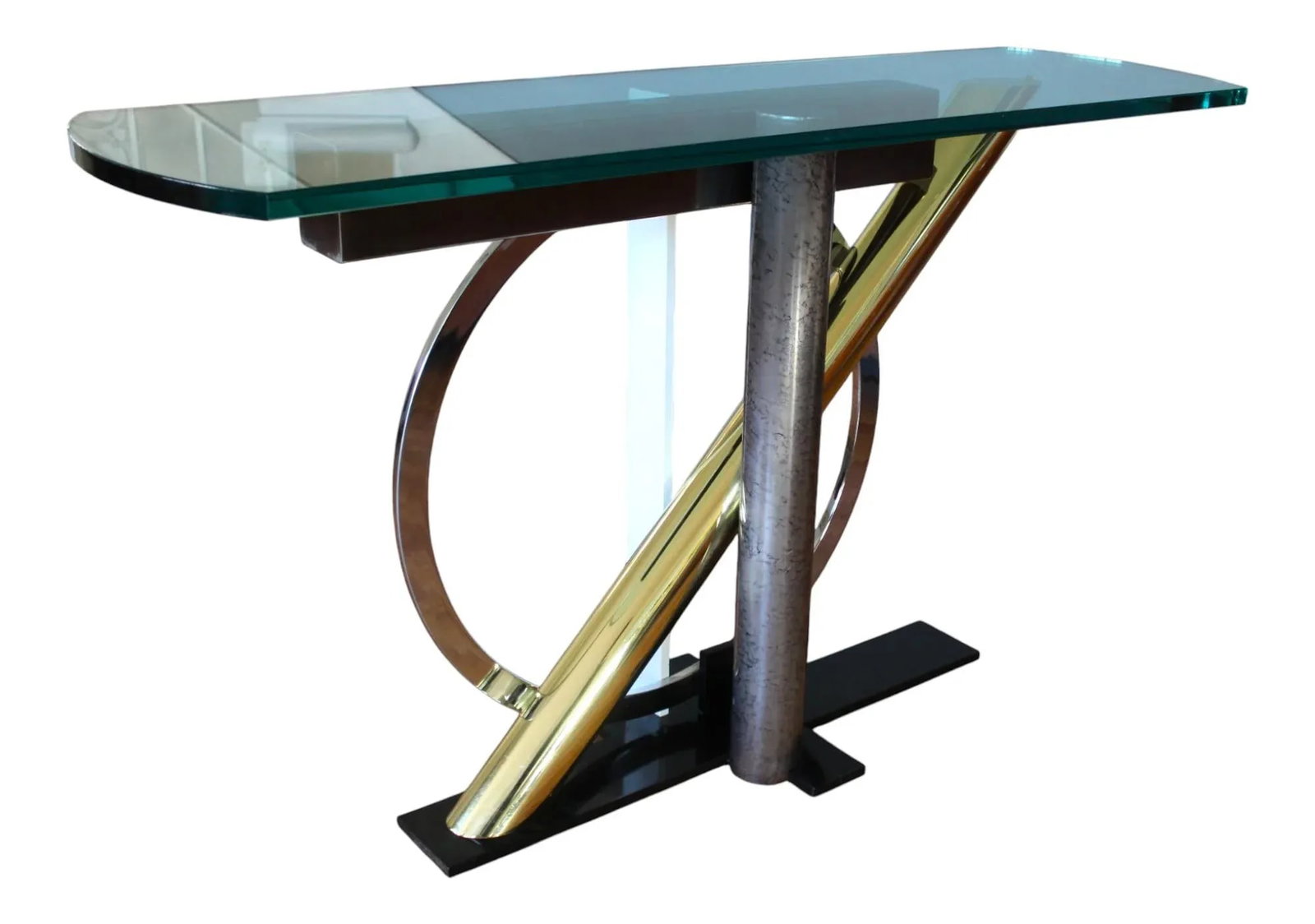 1980s Kaizo Oto for Dia Modernist -Chrome & Brass Console Table With Sculptural Base and Glass Top - 9