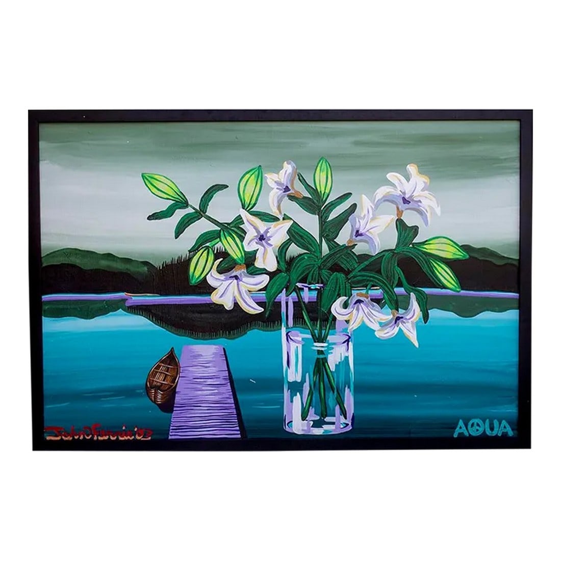 John Ferrie Mid-Century Painting Titled Aqua - Lilies in Vase: Mid-Century acrylic on canvas painting from artist John Ferrie. It depicts Lilies in vase by boat, dock, and lake landscape as noted on the information which came with it as shown in photo. It is