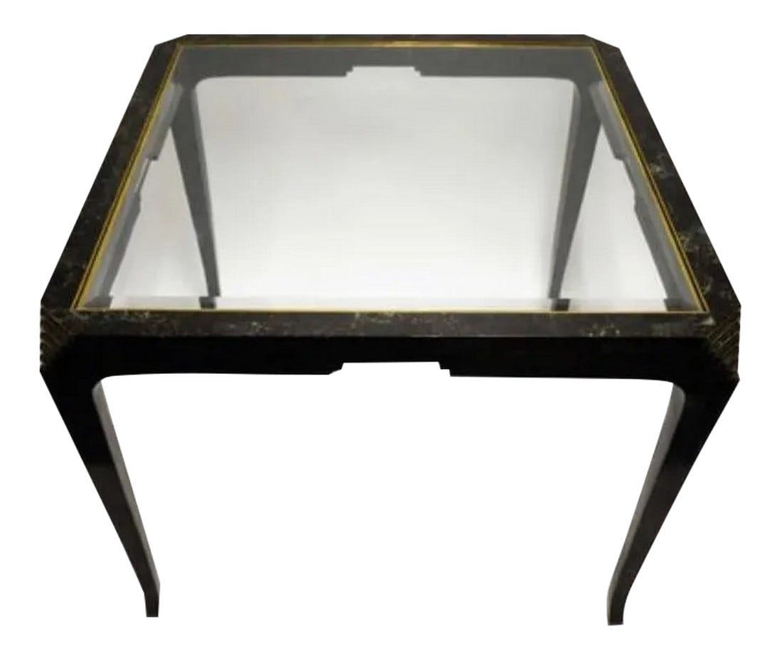 1970s Maitland Smith Tessellated Marble and Glass GameTable: Vintage Maitland-Smith game table or small dining table. Tessellated black / dark green marble finish on a wooden frame with glass top and brass finish detailing on corners. Beautifully made and in gr