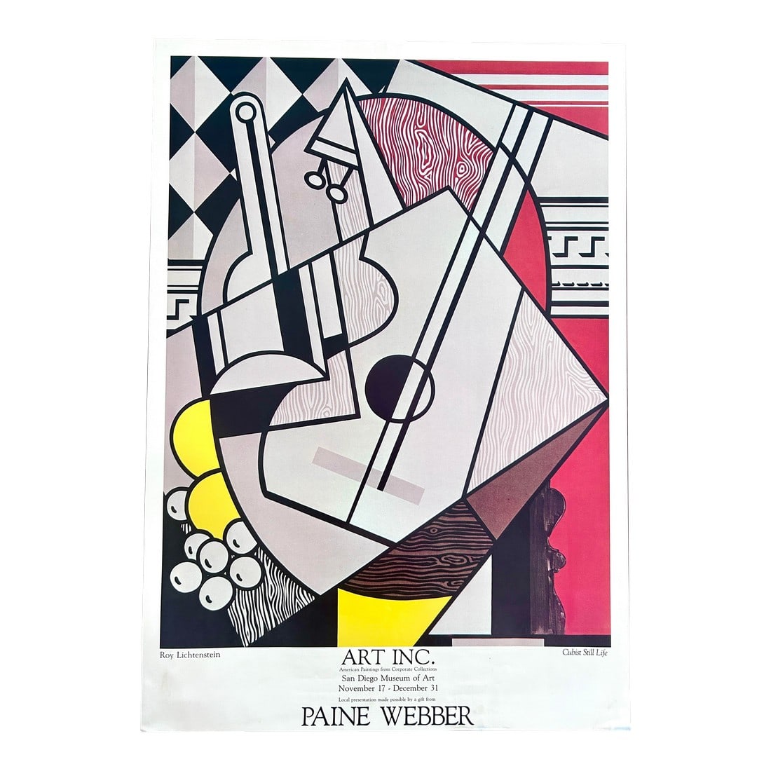Vintage Roy Lichtenstein "Cubist Still Life" Art Inc. Poster: Vintage Roy Lichtenstein "Cubist Still Life" Art Inc. Poster from San Diego Museum of Art. Art Inc. American Paintings from Corporate Collections. San Diego Museum of Art. November 17 - December 32.