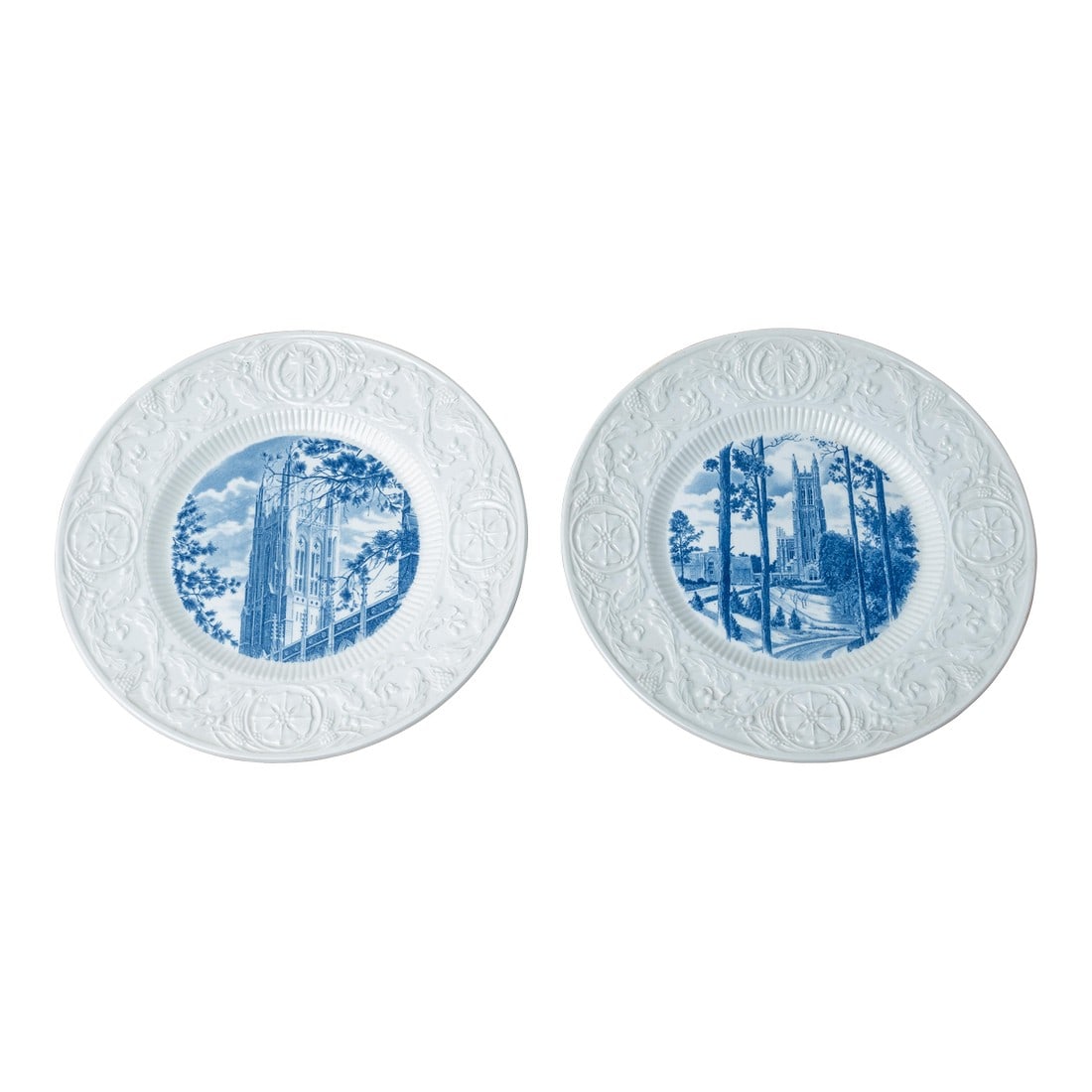 A Pair of Duke University Wedgwood Dinner Plates: A pair of Wedgewood dinner plates depicting scenes from the campus of Duke University. 10 Â½ inches wide Condition: Alterations: Original Condition Unaltered Imperfections: Some