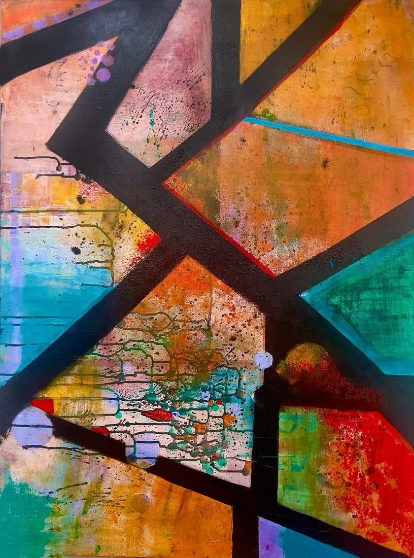 Crossroads, an Abstract Painting: Crossroads is a dynamic, abstract composition that captures movement and tension through bold, intersecting black lines layered over a richly textured, colorful background. This hand-painted acrylic
