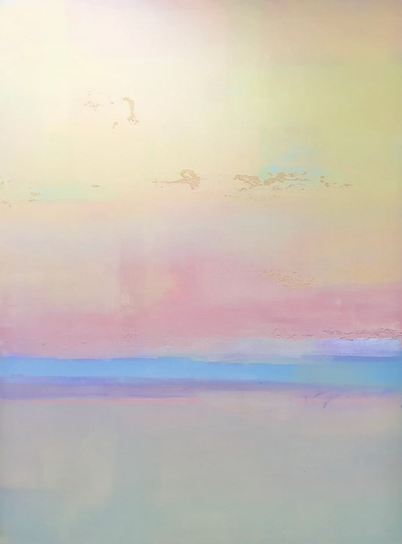 Desert Scape, Abstract Painting: Desert Scape is a serene abstract painting with a soft, ethereal color palette. It features delicate washes of warm sand tones, muted pinks, pale blues, and subtle hints of green, evoking the vast
