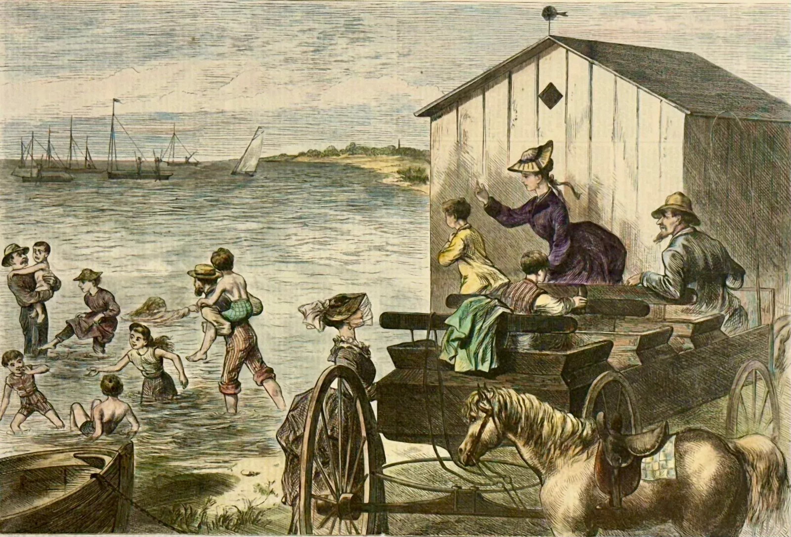 Antique Original Print Chicks Taking a Dip, 1873 (Framed) - 2