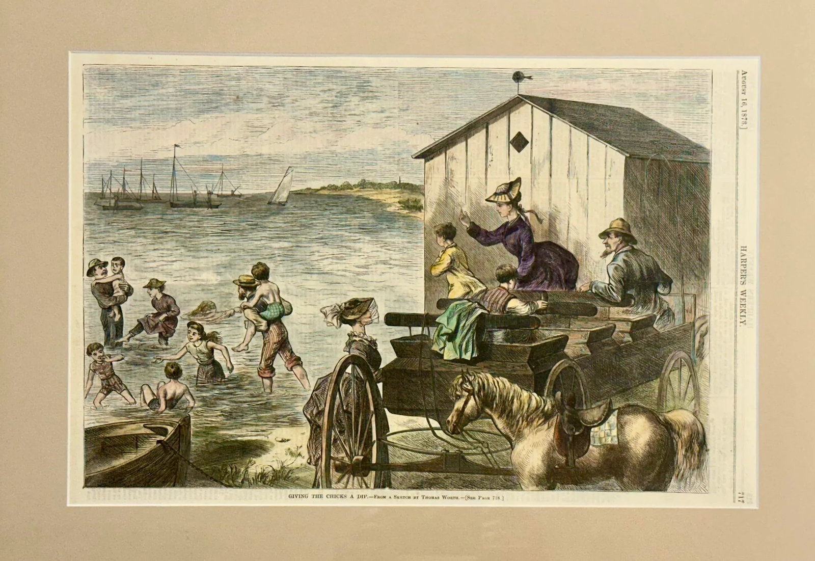 Antique Original Print Chicks Taking a Dip, 1873 (Framed) - 3